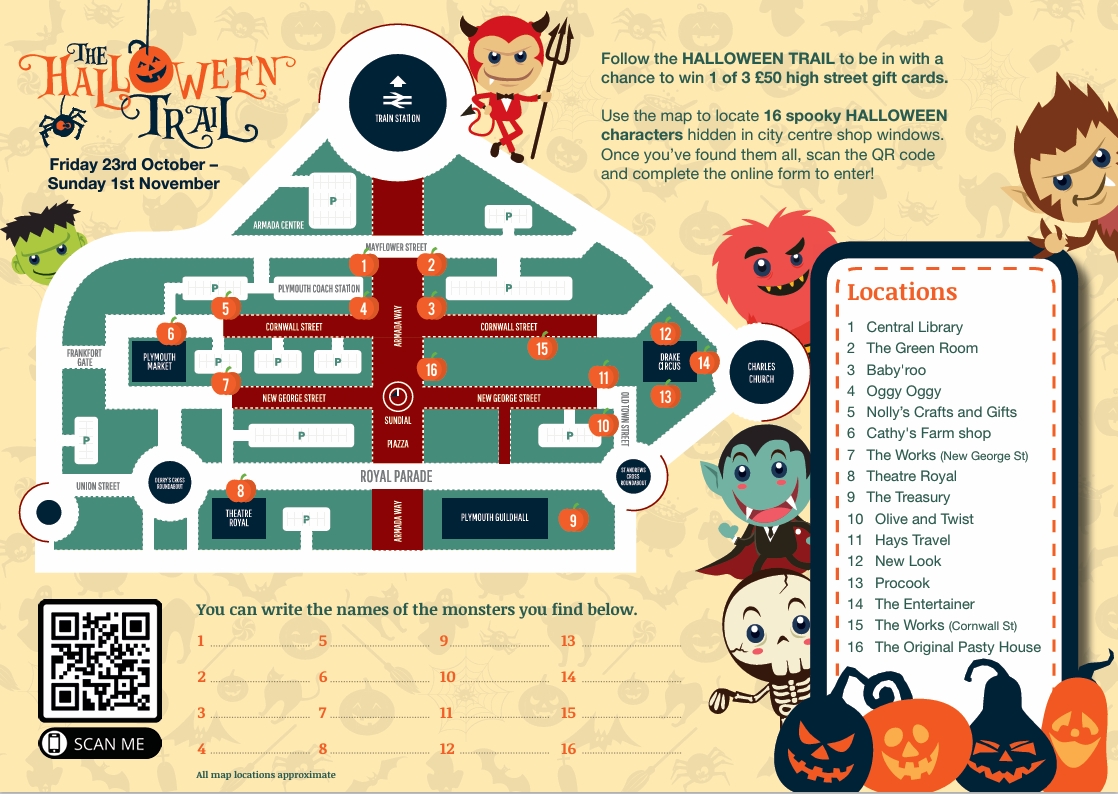 Plymouth City Centre Halloween Trail map
